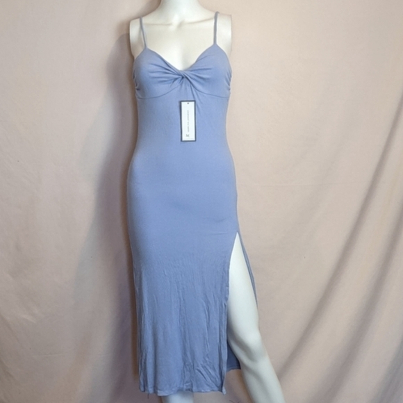 Goodnight Macaroon Blue Purple Yuri Twist Front Ribbed Slit Leg Midi Dress M - Picture 1 of 6